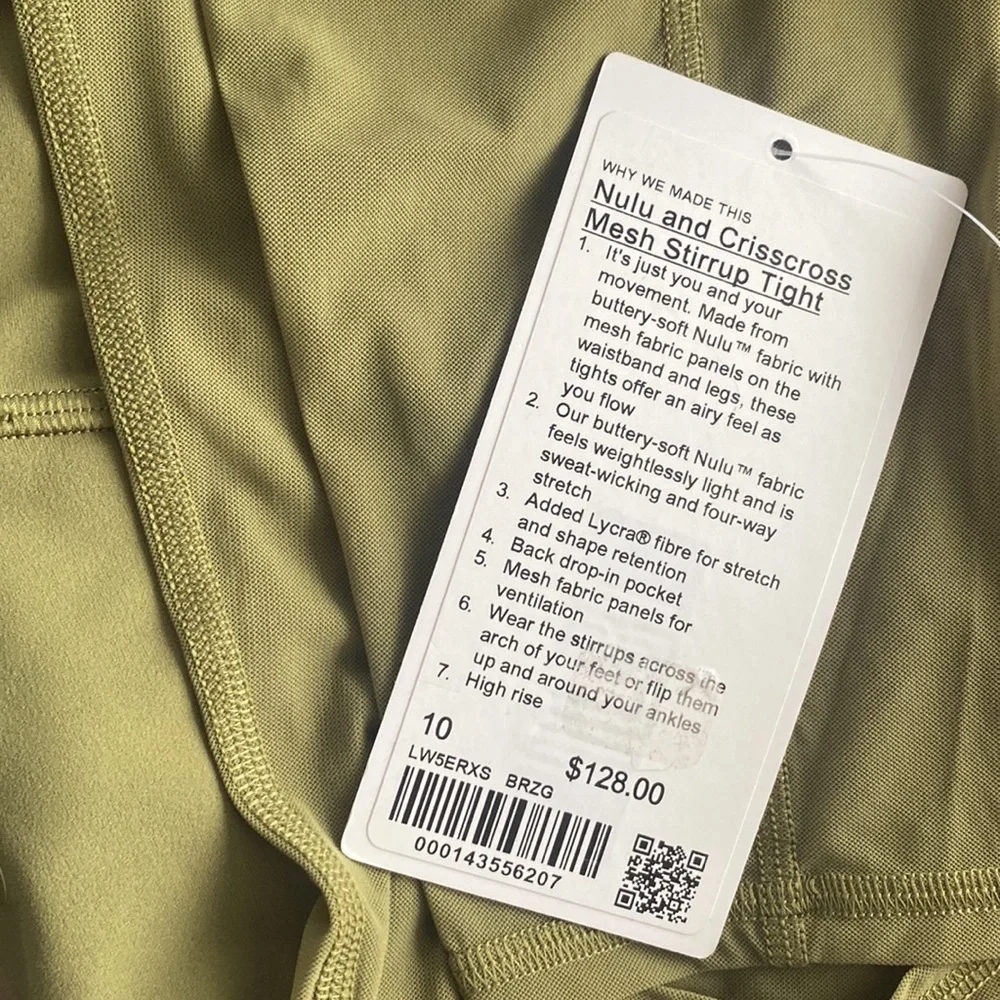 (B51) Lululemon Nulu and Crisscross‎ Mesh Stirrup Tight Bronze Green, Sz 10, NWT